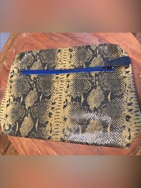Trouvé Yellow Snakeprint Zip Clutch with Blue Accent